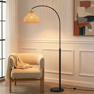 Brightech Lark 75 In. Weighted Base Led Arched Standing Floor Lamp With Boho Rattan Shade In Matte Black