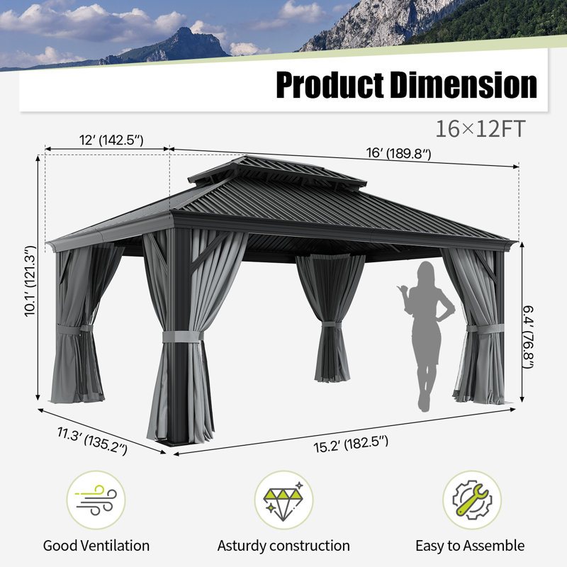 16x12 FT Hardtop Gazebo with Double Roof, 120mm Aluminum Posts & Built-in Gutter, Black & Grey, 16 Ft. W x 12 Ft. D