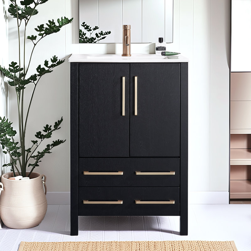 24 Inch Modern Black  Free-Standing Single Bathroom Vanity With Ceramic Top