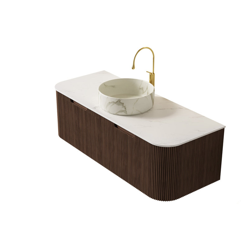 Meuble-lavabo suspendu DINA de 48 po avec lavabo, armoire en bois grain de noyer foncé, comptoir en pierre frittée blanche de Carrare, lavabo rond en céramique, tiroirs à fermeture douce