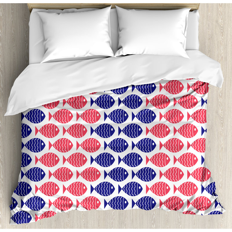 Red and Navy Blue Fish Print Queen Duvet Cover Set