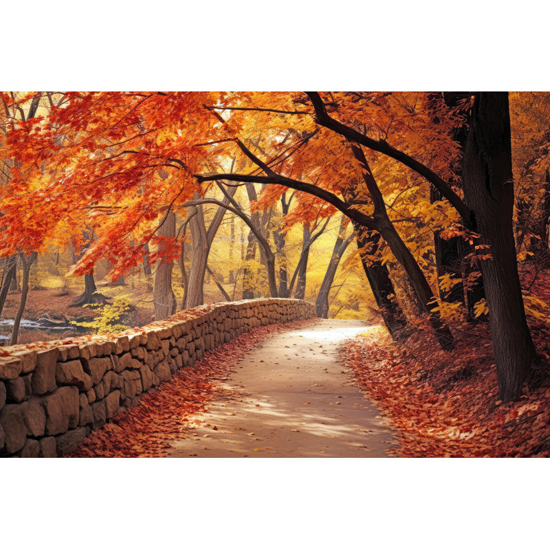 "Autumn Forest Path" avec mur de pierre et feuilles d'automne colorées, art mural sur toile, H 16 po x l 24 po