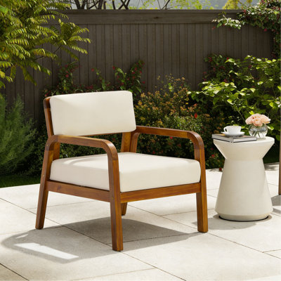 Fauteuil d'extérieur en bois d'acacia avec coussins résistants aux intempéries, chaise longue de patio avec coussins à fermeture velcro pour porche, terrasse, bord de piscine