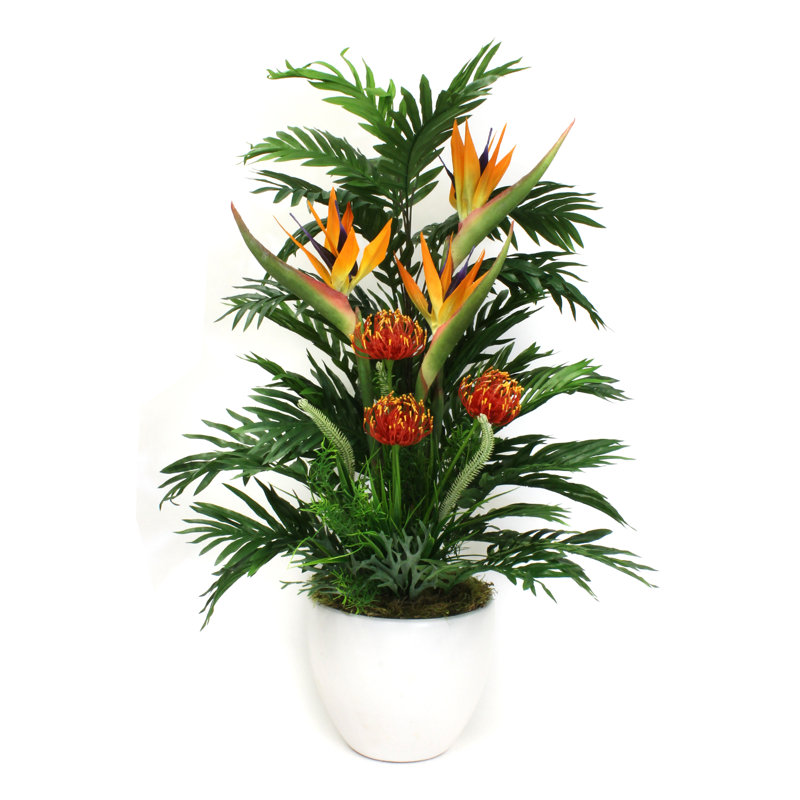 Faux Bird Of Paradise, Palm Plant in Ceramic Pot