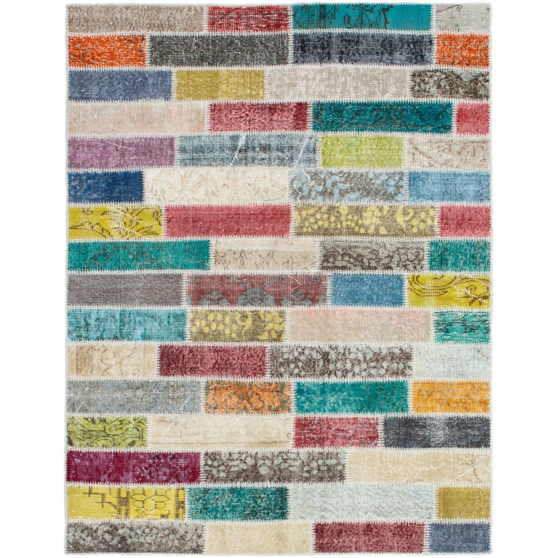 Tapis unique en laine noué à la main style patchwork des années 2010 de 4 pi 10 po x 6 pi 4 po rouge / jaune / ivoire Kameko