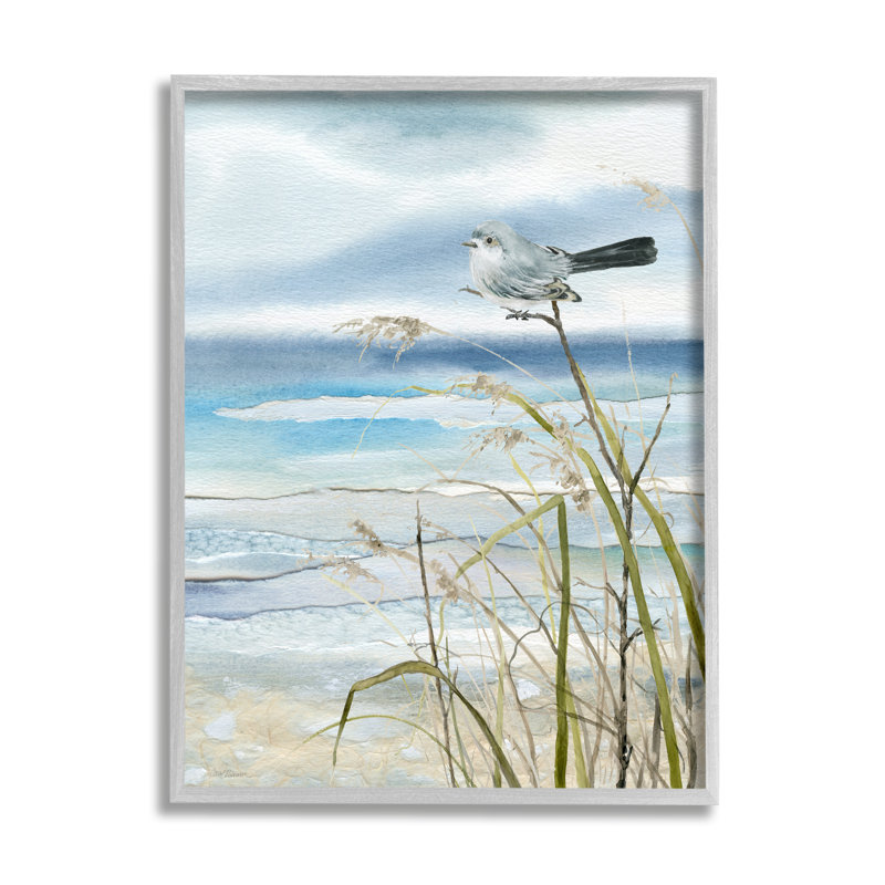 «Bird & Abstract Beach» par Carol Robinson, reproduction encadrée sur bois, H 14 po x l 11 po x P 1,5 po