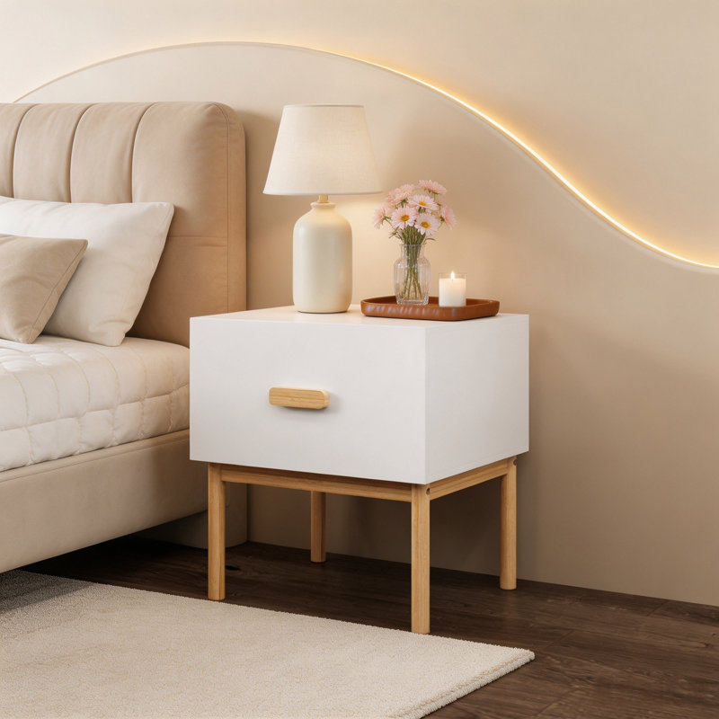 Table de chevet blanche moderne avec tiroir et pieds en bois, table de chevet minimaliste avec poignée pour chambre à coucher, salon, appartement