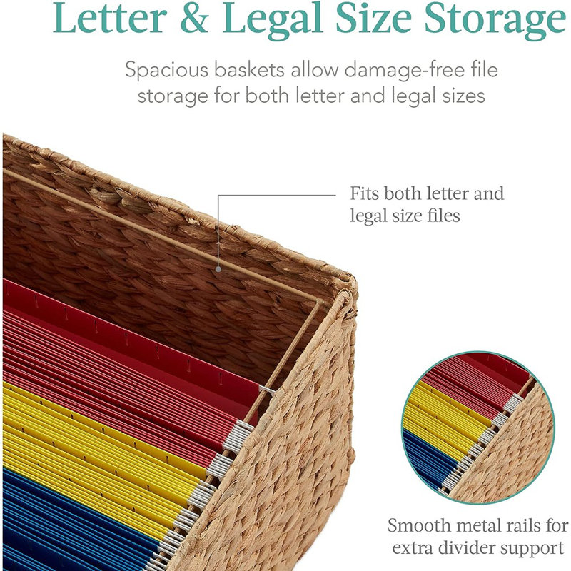 Natural Rubberwood Vertical Rolling File Cabinet with Water Hyacinth Baskets