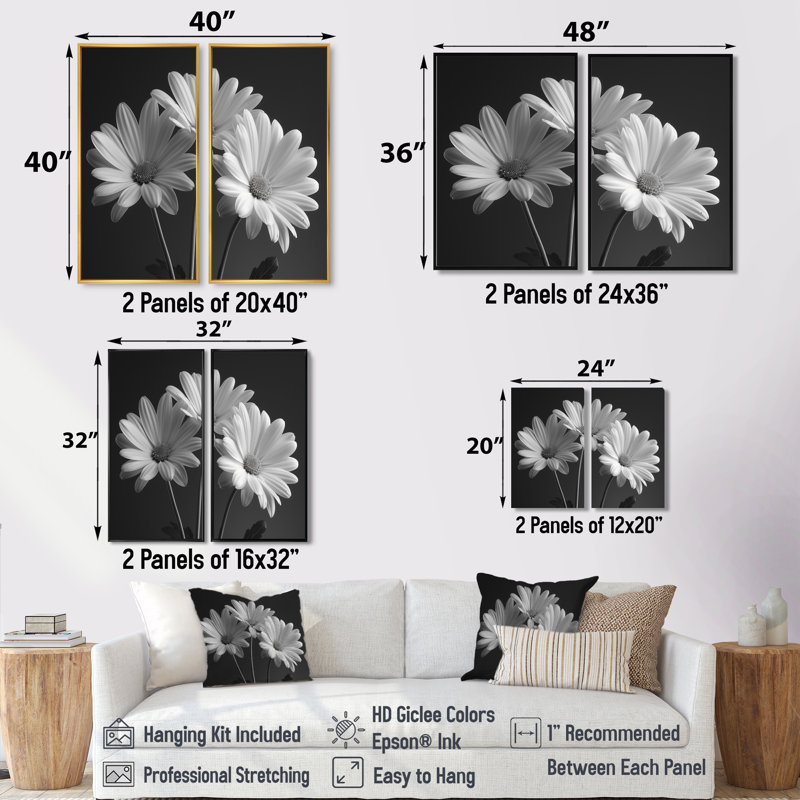 Mono marguerite noire et blanche Bliss Daisy Photo IV - décoration murale traditionnelle blanche 2 pièces, Toile tendue