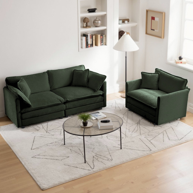 Ensemble de canapé-lit 2 pièces 2 pièces avec causeuse et canapé simple avec cadre en bois massif, Vert