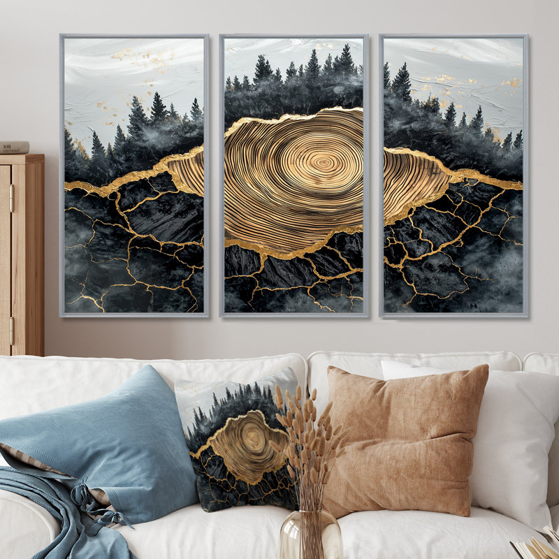 Forêt foncée liquide Gem I - art mural forêt pour le salon - ensemble de 3, Argent argent, H 28 po x l 36 po