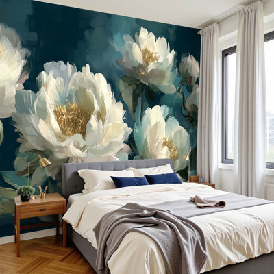 Papier peint adhésif mural de luxe pivoines blanches Boho H 100 po x l 144 po, papier peint amovible en PVC auto-adhésif pour chambre à coucher, bureau à domicile