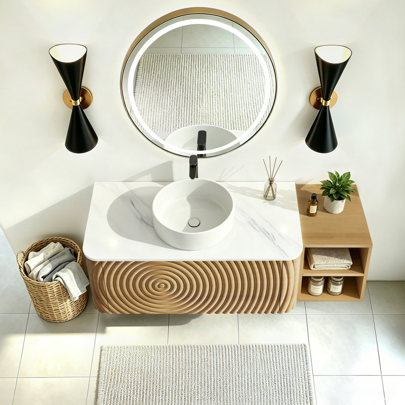 Ensemble de meuble-lavabo mural, lavabo de salle de bain flottant avec lavabo rond en céramique et armoire latérale, ensemble de meuble-lavabo texturé à ondulation d'eau pour les petits espaces, peu encombrant