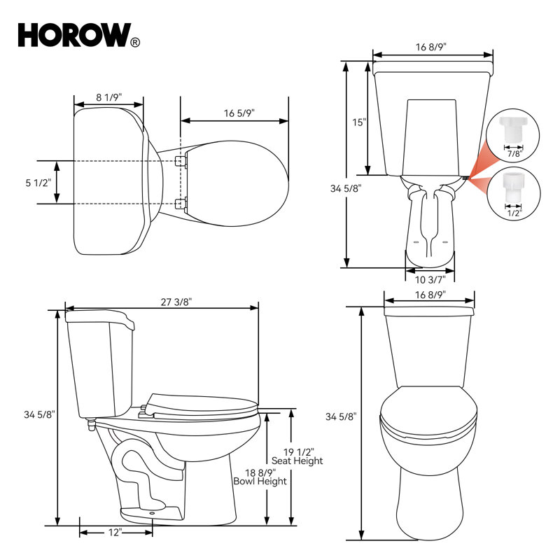 19.5''Tall Comfortable SeatHeight Round Two-Piece Floor Mounted Toilet (Seat Included), Top