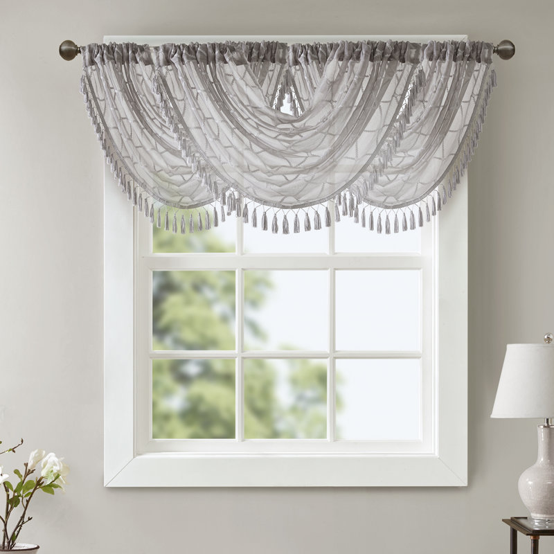 Irina Grey Diamond Embroidered Waterfall Draping Trim Single 38x46" Window Valance, Gray 