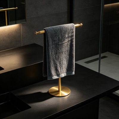 Gold Hand Towel Holder Stand for Bathroom Vanity Countertop, Stainless Steel T-Shape Free Standing Towel Rack with Towel Bar for Bathroom Kitchen