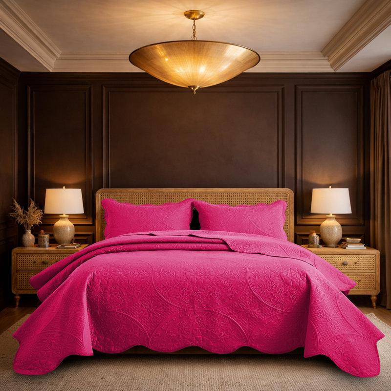 Moonlight Oversized Floral Embossed Bedspread Set – Lightweight Reversible Quilt Bedding with Pillow Shams, Pink