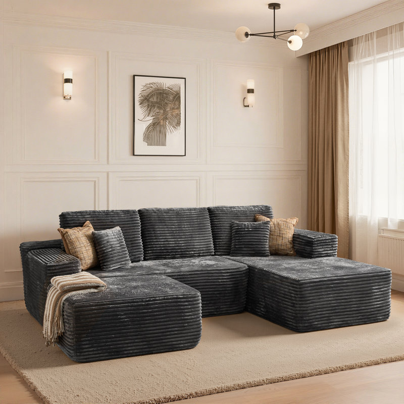 Canapé modulaire en velours côtelé avec repose-pieds 3 pièces Boneless Compression, Orienté à droite, Velours côtelé gris