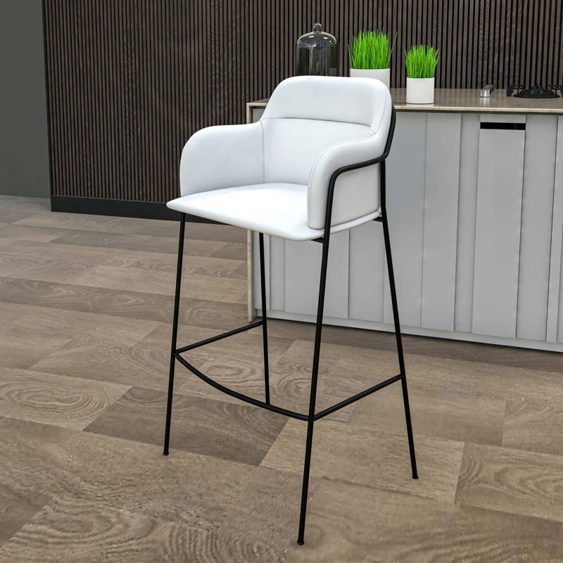 Wainaku Upholstered Bar Stool – Pub Chair with Powder-Coated Black Stainless Steel Base – Low-Back, Padded Faux-Leather Seat, Contemporary Accent Seating
