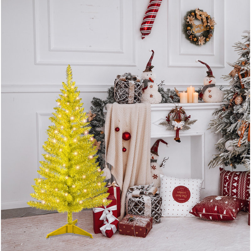 Arbre de Noël doré 4 pi avec 50 lumières UL et 122 pointes en PVC - Arbre de Noël artificiel pré-éclairé pour la décoration intérieure, petit espace, table, appartement ou bureau