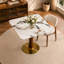 Table de salle à manger 33,5 po ronde en pierre frittée avec base en bois d'hévéa massif et base en acier inoxydable brossé doré, table de salle à manger moderne pour 2 à 4 personnes-347524817