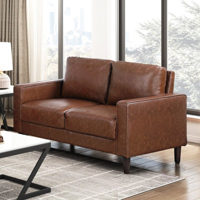 Sofa deux places contemporain en similicuir au chocolat avec rembourrage en mousse et pieds en bois apparents
