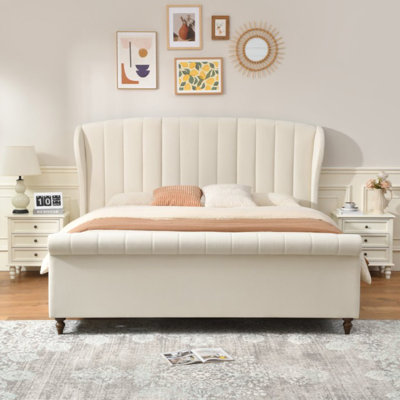 Tufted Velvet Wingback Sleigh Bed with Walnut Finish Legs