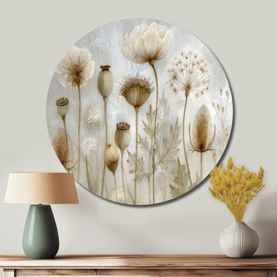 «Morning Sunrise Rays Over Dried Flower Meadows - Wildflowers», art mural rond en métal