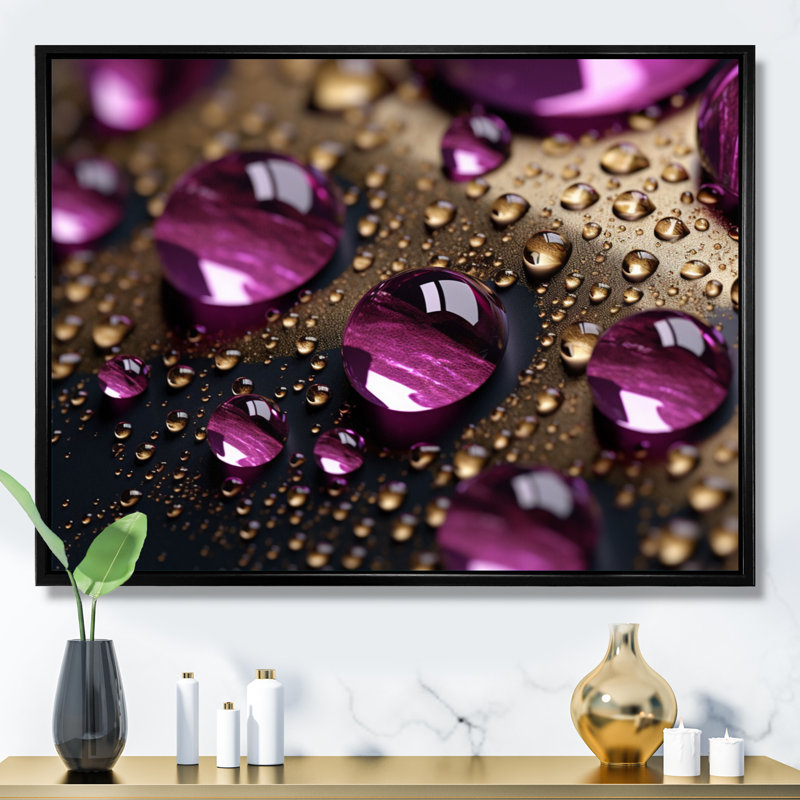 Mauve rose avec des gouttes de pluie sur toile, H 24 po x l 32 po x P 1 po, Cadre flottant noir