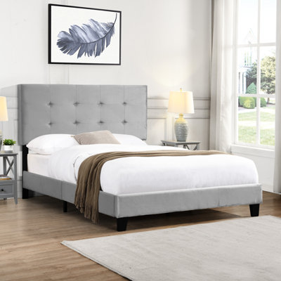 Structure de lit plateforme grise pleine grandeur avec tête de lit, support de lattes en bois massif, base de matelas, aucun sommier requis, assemblage sans effort, contreventement, base, ressort, facile à assembler,