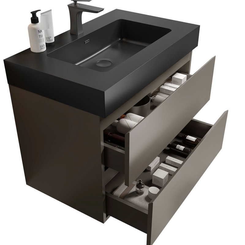 Lavabo de salle de bain gris de 30 po - moderne, grande capacité, surface lisse et silencieuse, design chic, rangement, fonctionnalité