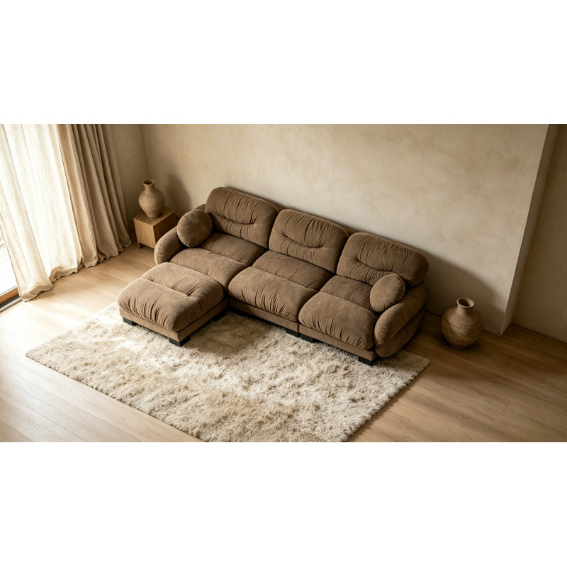Pleated Modular Sectional Sofa, Chenille Cloud Couch with L-Shaped Chaise & Ottoman, Brown Chenille