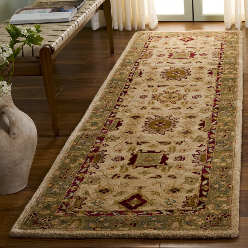 Tapis ivoire / vert en laine touffeté à la main Ladd, Tapis de couloir 2 pi 6 po x 8 pi