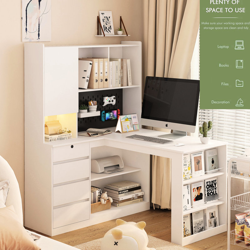 Bureau d'ordinateur en L avec plateau à câbles - Rangement moderne et grand espace de travail à DEL, Blanc