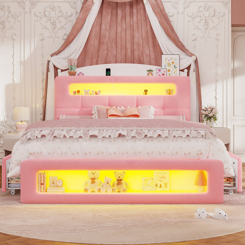 Upholstered Platform Bed Frame With 2 Storage Drawers, Velvet Princess Bed With Led Lights And Charging Station, No Box Spring Needed, Pink