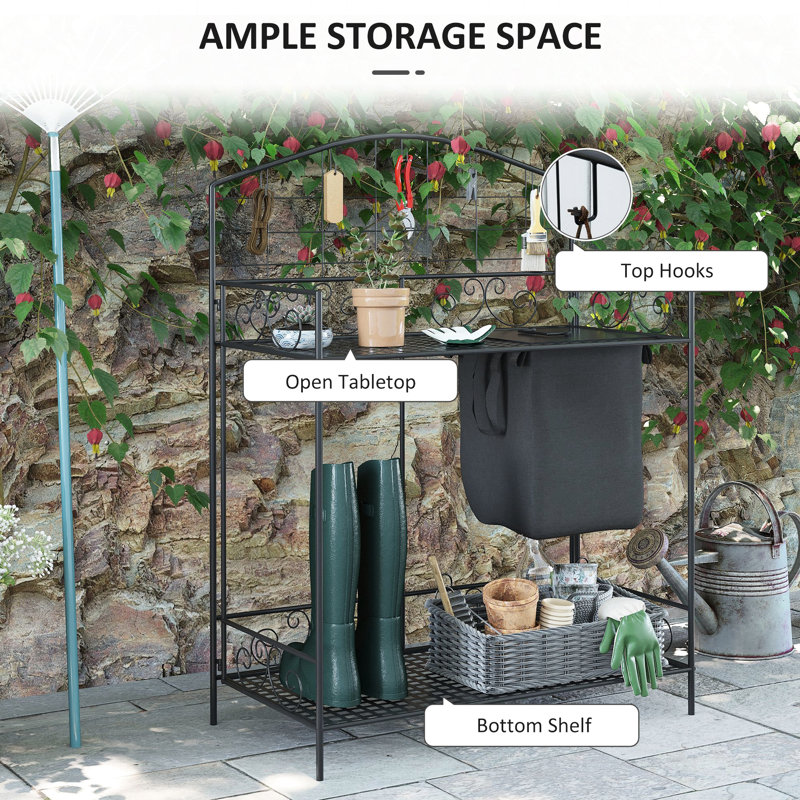 Banc de jardin avec design pliable, sac et housse de table de travail en métal, 5 crochets et tablette, ergonomique pour une plantation pratique, bureau noir, grande activité de jardinage sans effort sur le sol,