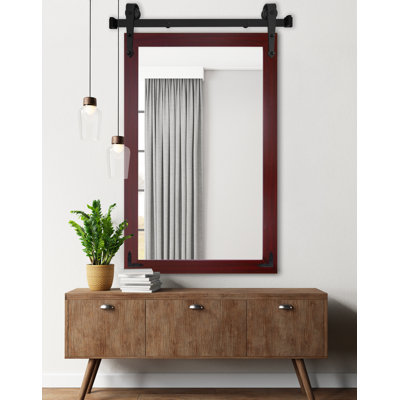 Modern Rustic Vertical Mirror with Steel Barn Door Track and Decorative Metal Corner Brackets