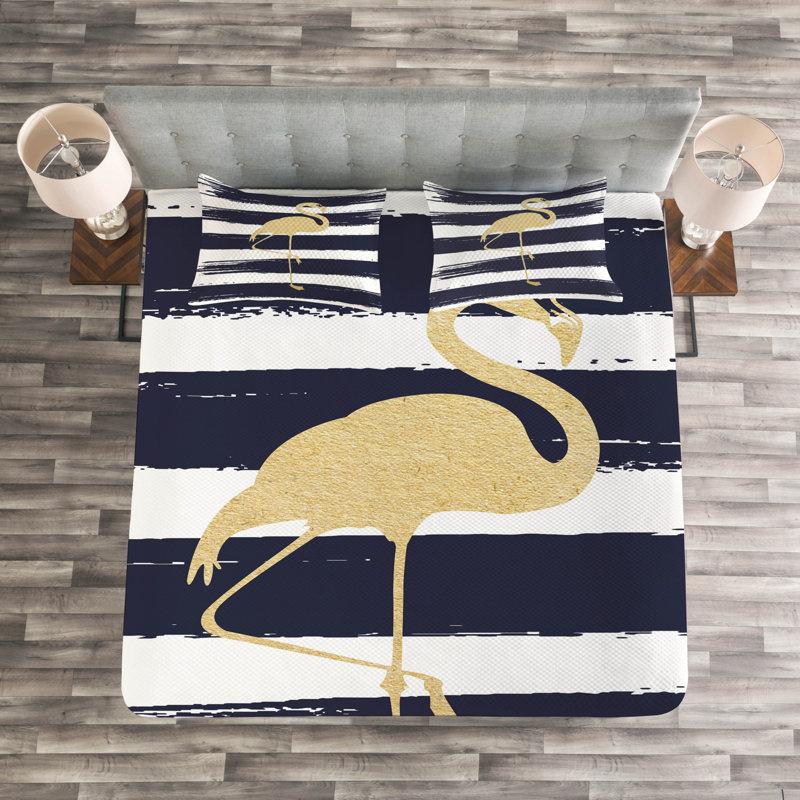 Dark Blue/White/Mustard 100% Microfibre Bedspread, 220 x 264 cm
