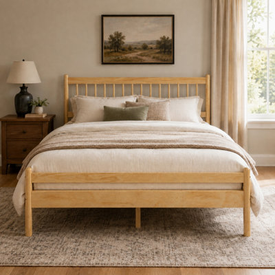 Traditional Queen Size Pinewood Platform Bed with Headboard, Footboard and Under-Bed Storage Space