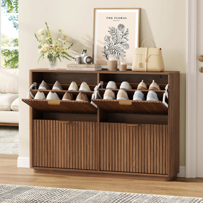 Narrow Flip Shoe Storage Cabinet, 4 Flip Drawers Wavy Textured Wood Entryway Shoe Organizer with Gold Pull Handles