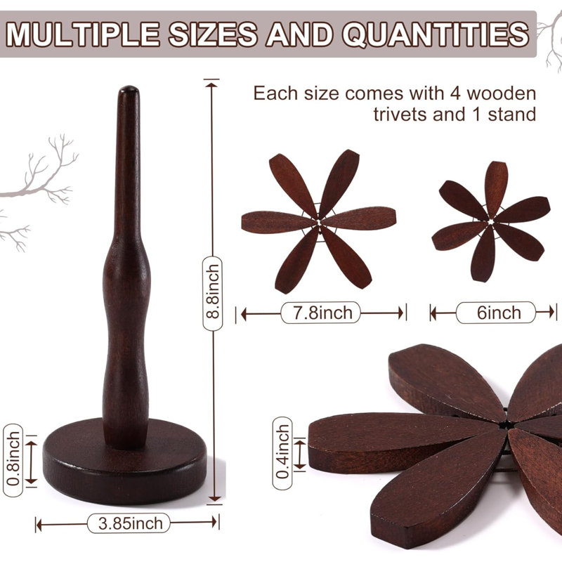 Ensemble de 8 sous-verres Tree, sous-plat en bois pour plats chauds, 2 sous-pieds pliables en forme d'arbre avec 2 supports, tapis décoratif pour tapis de cuisine décoratifs pour fondue, casseroles, tasses (bois de noyer)
