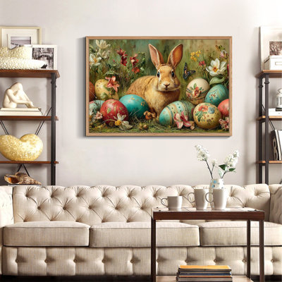  Reproduction d'art encadrée de lapin de Pâques encadré, image murale de Pâques de printemps, œuvre de lapin et œufs pour le salon, la chambre de bébé et le vestibule - cadre flottant, 18 po x 24 po