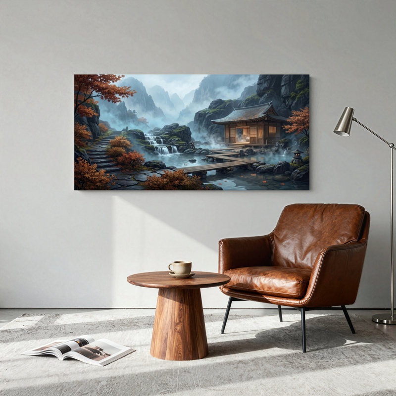 Ensemble de 1 tableau sur toile représentant un temple de montagne, L 58 po x H 28 po, Toile tendue