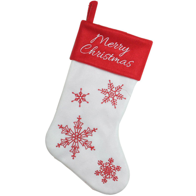 Chaussette de Noël brodée flocon de neige 15,25 po rouge et blanc