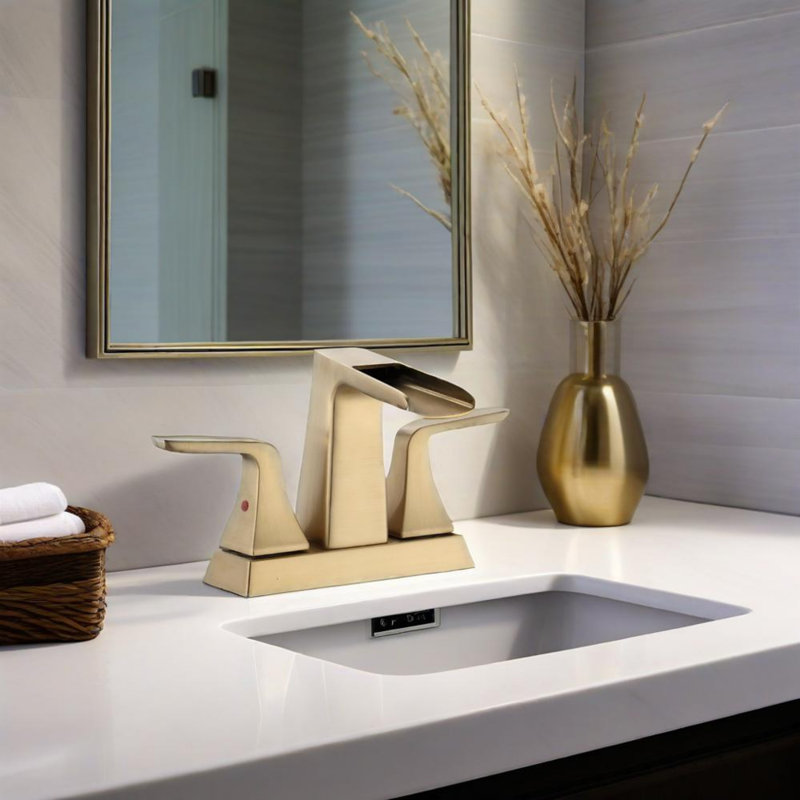 Two Handle 4 Inch Centerset Waterfall Bathroom Sink Faucet, Brushed Golden
