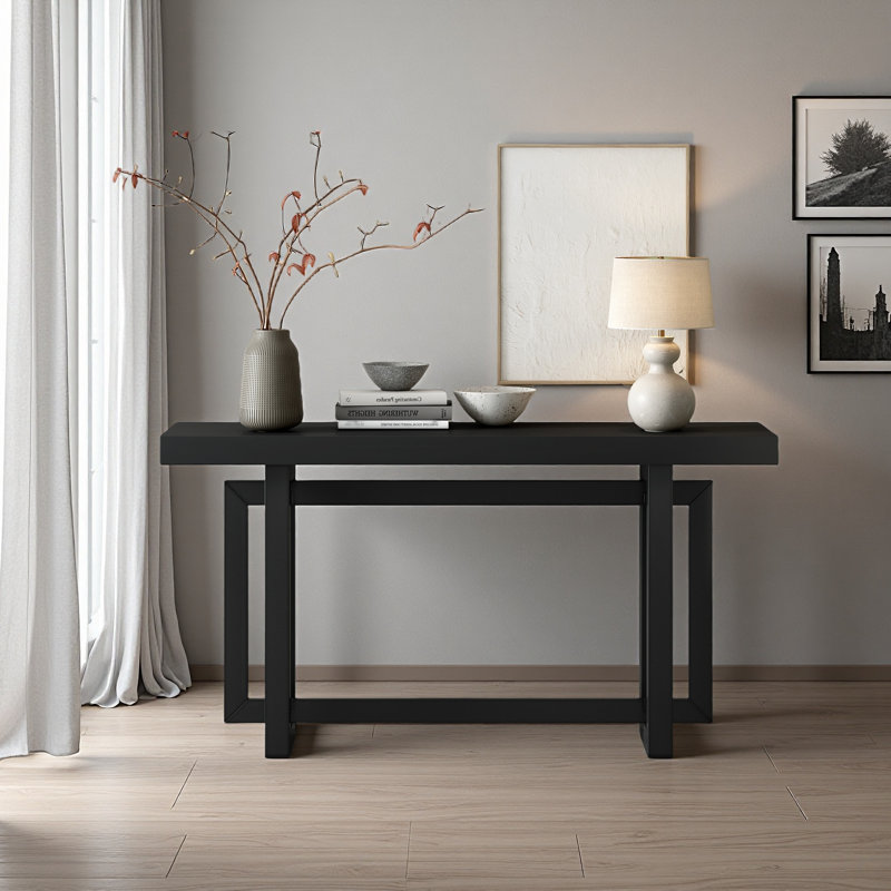 Table d'entrée de 59,1 po peinte avec placage de pin, console à conception rectangulaire unique avec pieds en bois de pin épais, table de canapé extra longue polyvalente pour le couloir, le salon, la cuisine