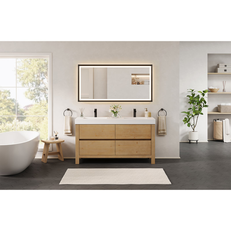 Abbie 60" Double Bathroom Vanity in Weathered Fir with White Artificial Stone Integrated Sink without Mirror