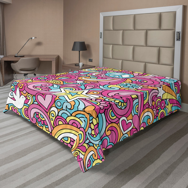 Ambesonne Groovy Top Flat Sheet Funky 60s Fun Retro King Multicolor, Full Flat Sheet
