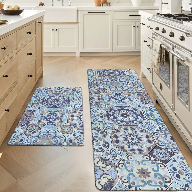 Ensemble de 2 tapis de cuisine Alishia, Marine / Brun, Tapis de couloir 20 po x 31,5 po + 20 po x 59 po