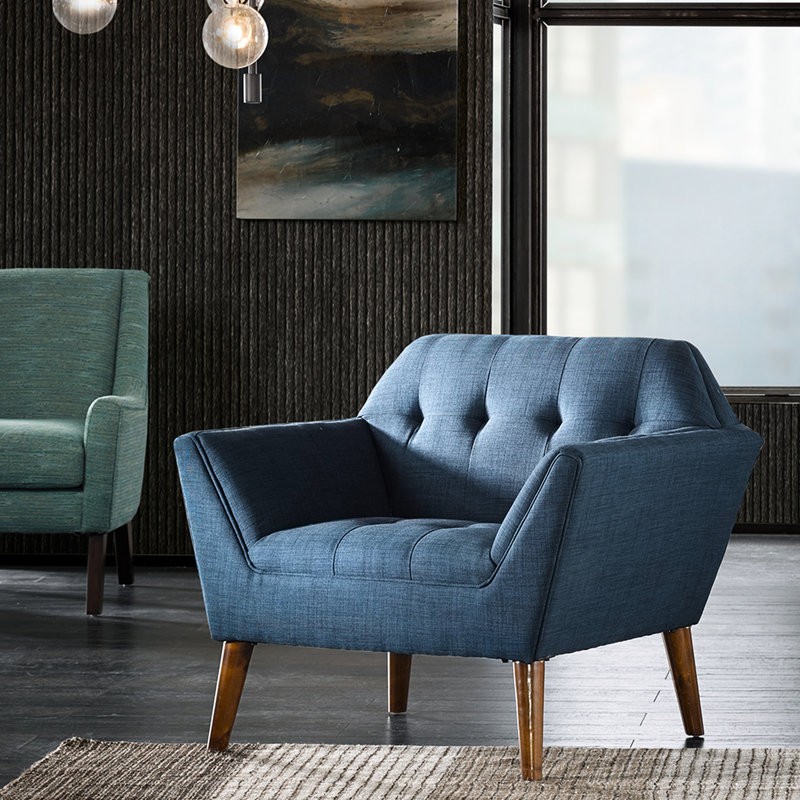 Méridienne de style moderne Mid-Century, capitonnage à boutons, pieds en bois massif de pacane, accoudoirs confortables, revêtement Mid-Century bleu avec coussins, pieds en pacane, siège supplémentaire, tissu